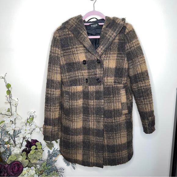 EMME MARELLA Plaid Hooded Coat Mohair Blend Tan Brown Sz 10 $545 - Picture 3 of 7